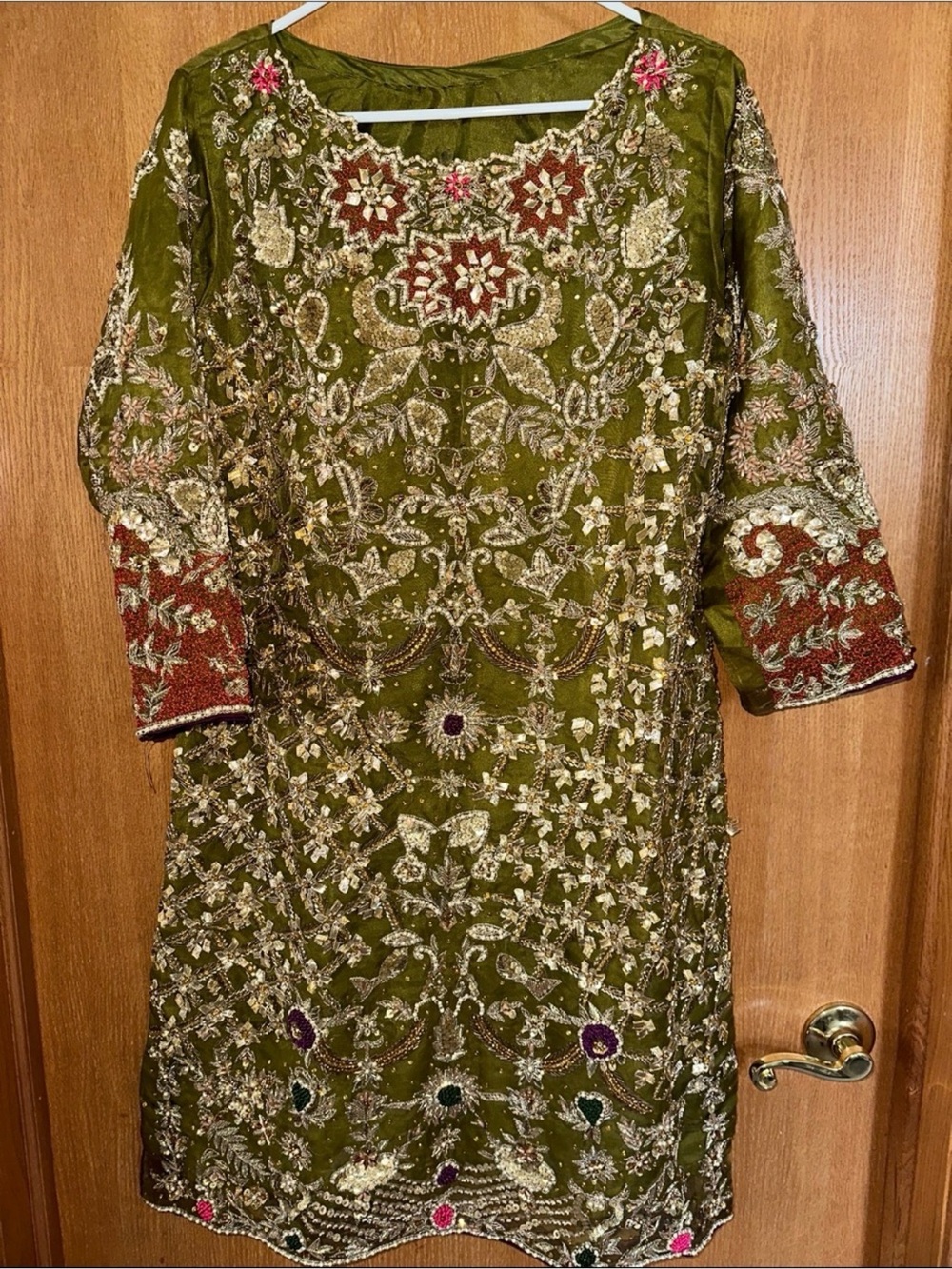 Embroidered Olive Green Kids Dress with Gold Detailing